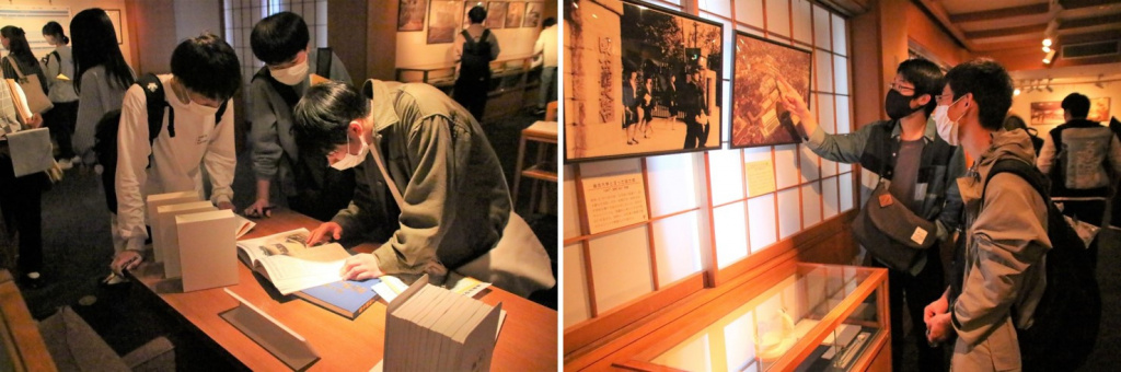 （右）世田谷キャンパスからすぐの場所にある柴田会舘4階に展示資料室がある。一部の資料は手にとって読むことも可能　（左）1917年創立以来の資料や当時の品を間近で見学できるほか、豊富な写真資料で本学の100年を超える歴史を振り返ることができる