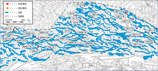 洪水を避ける位置に立地する本家と集落を洪水から守る位置に立地する神社・分析図（入善町）